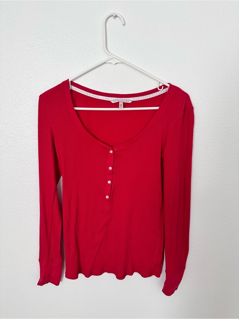 Victoria's Secret Red Ribbed Henley Long Sleeve Top